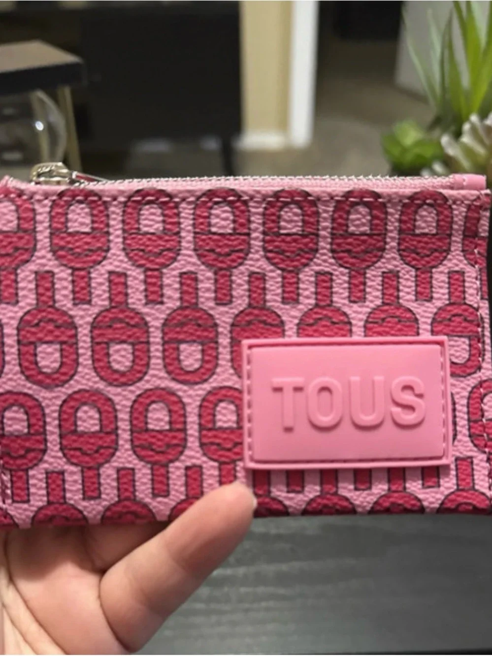 TOUS Pink Logo Zip Cardholder with Embossed Patch